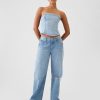 Axelbandslös denim cropped topp
