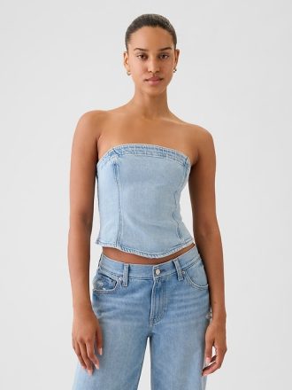 Axelbandslös denim cropped topp