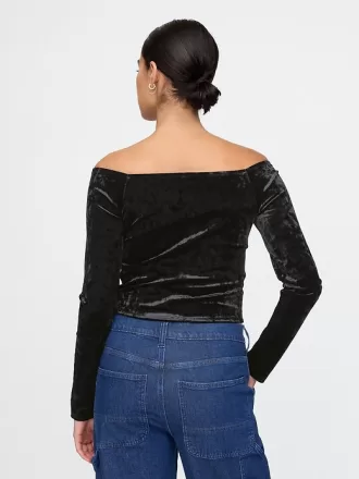 Cropped Velvet Off-Soulder Topp