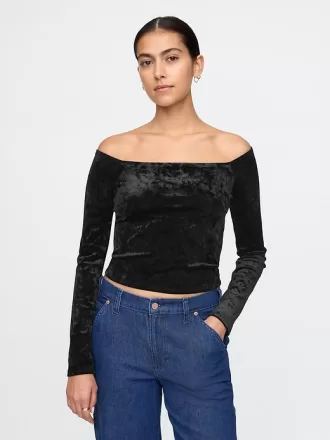 Cropped Velvet Off-Soulder Topp