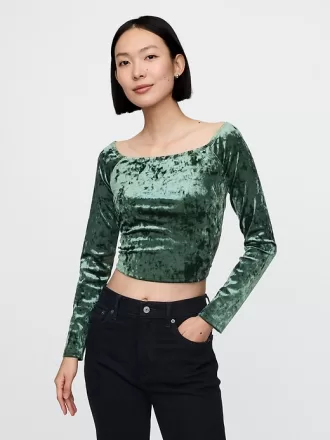 Cropped Velvet Off-Soulder Topp