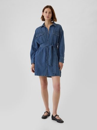 Denim miniskjortklänning med bälte
