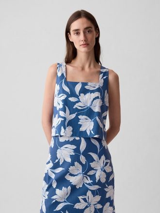 Linne-blandning knapp-rygg cropped linne