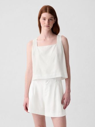 Linne-blandning knapp-rygg cropped linne