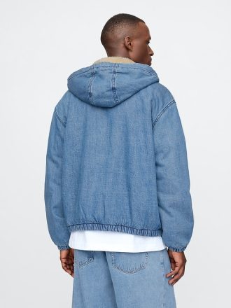 Oversized Sherpa-fodrad jeansjacka med dragkedja
