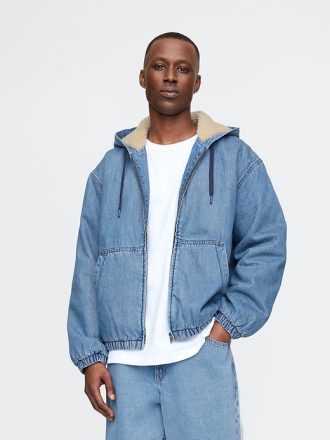 Oversized Sherpa-fodrad jeansjacka med dragkedja