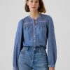 Puffärm jeansskjorta med spetskant