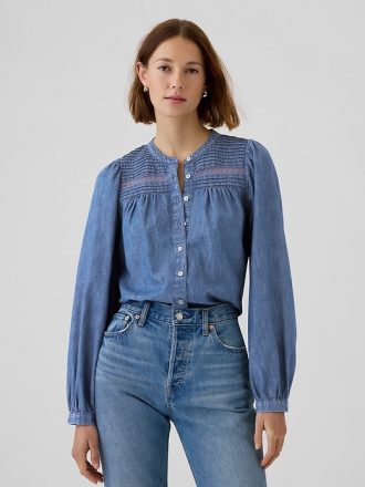 Puffärm jeansskjorta med spetskant